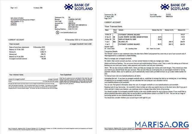 Printable UK Bank of Scotland account statement word 2 pages template